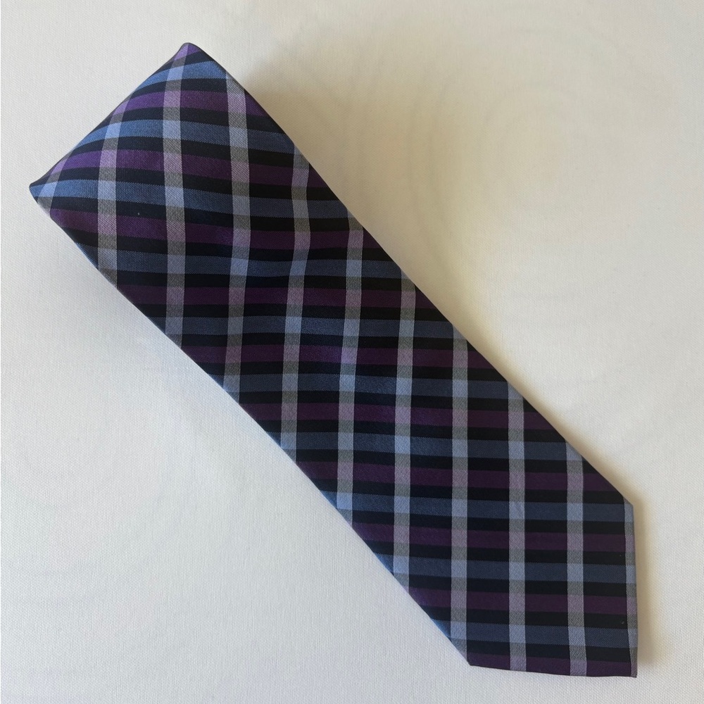 Chaps Men’s Slim 100% Silk Tie Blue & Purple Plaid Pattern
